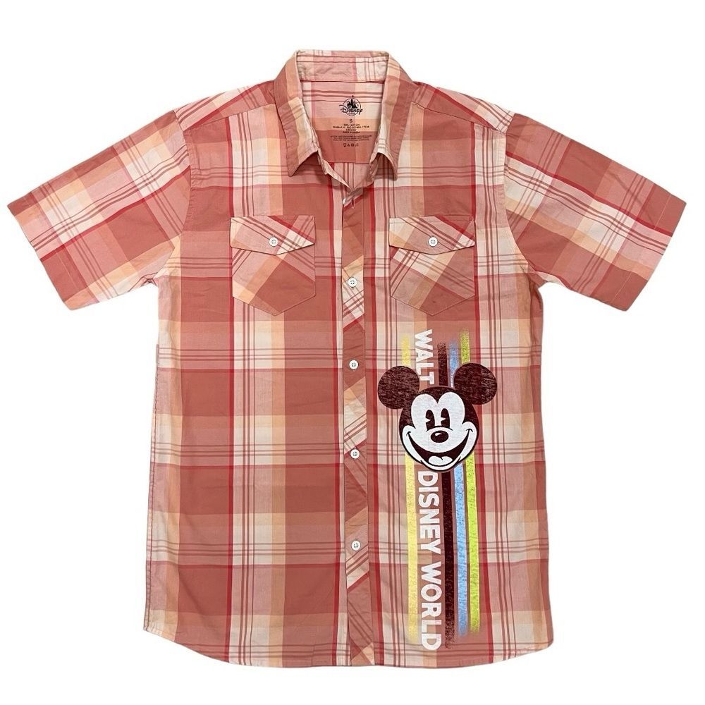 Disney Parks Plaid Button-Down Collared Mickey Mouse Shirt Men’s Size S Orange